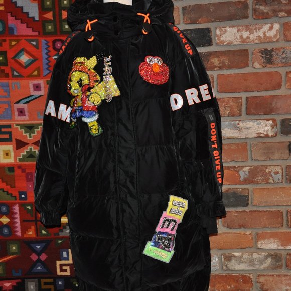 Black Silky Velvet Puffer Long Coat Sequin Pikachu Elmo DREAM "Don't Give Up" M - Picture 6 of 15